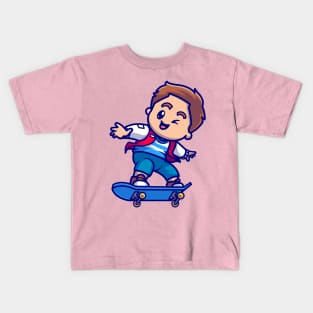 Cute Boy Playing With Skateboard Cartoon Kids T-Shirt